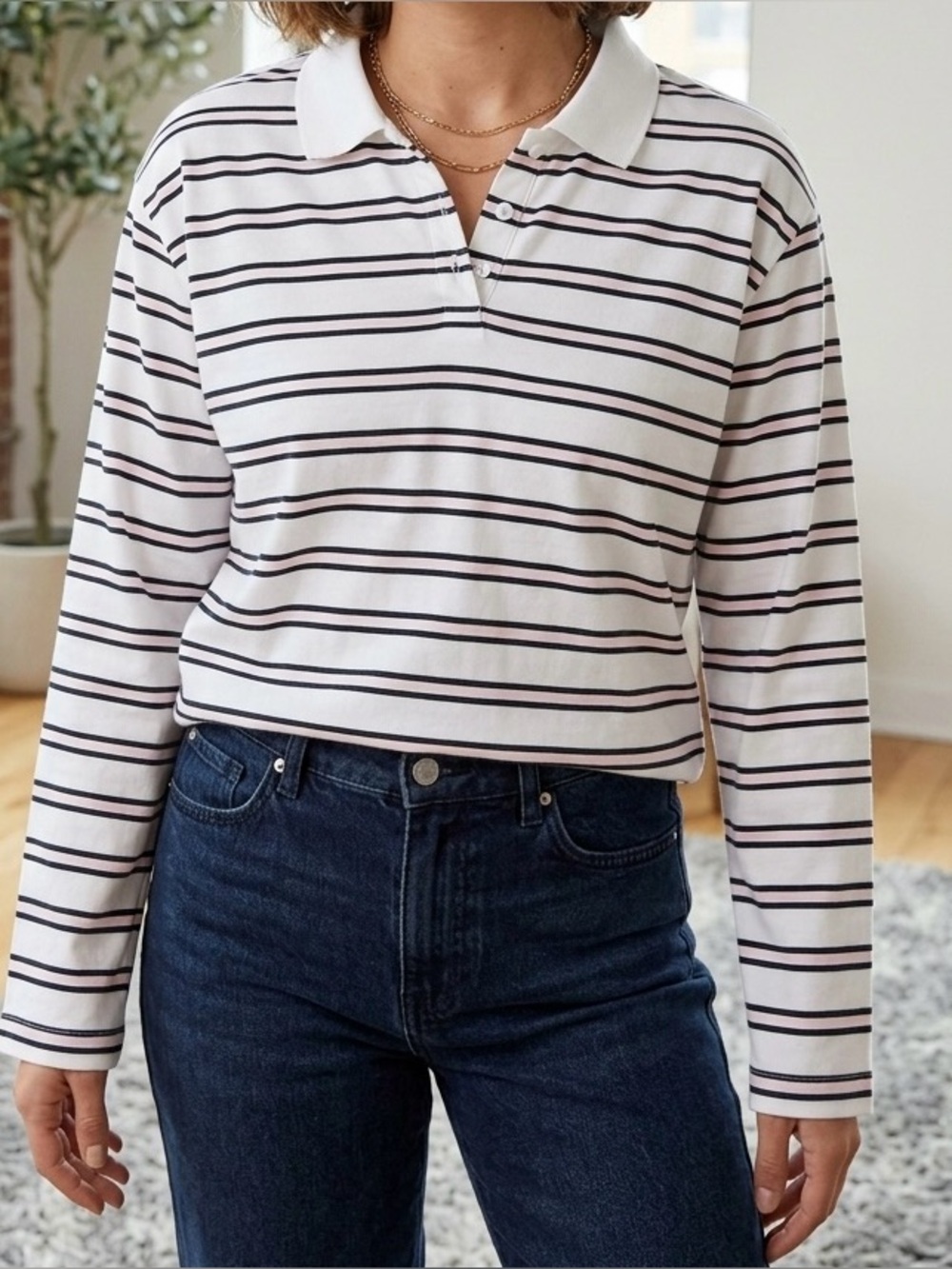 Babaton Striped Polo Shirt in White, Black & Light Pink